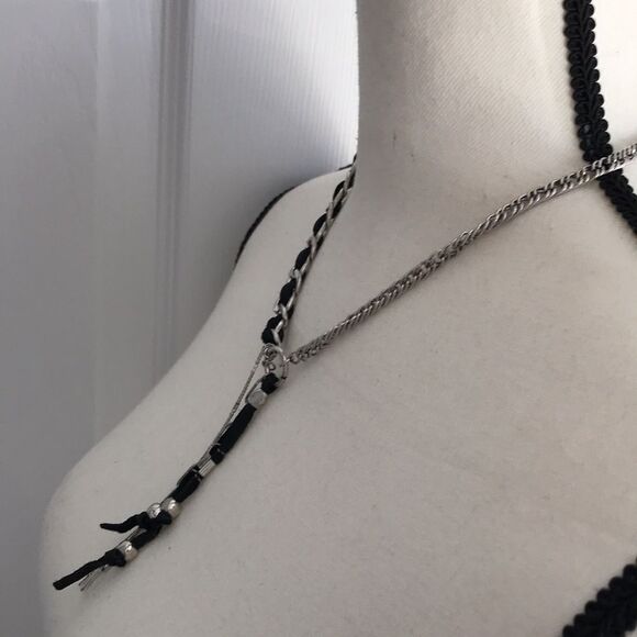 Free People Silver Tone and Black Leather Striped Necklace - Picture 6 of 9